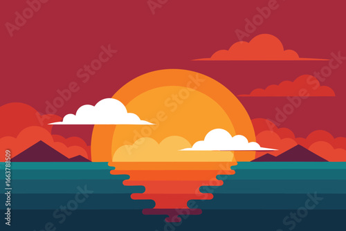 Tranquil sunset over the sea with reflections and clouds, creating a scenic and peaceful landscape for travel and vacation backgrounds