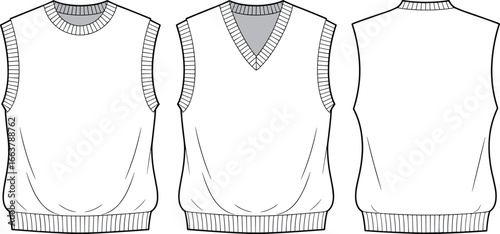 Sleeveless knit vest flat sketch, V-neck and crewneck vest design, front and back CAD drawing, vector fashion technical illustration