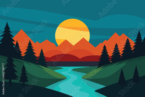 A tranquil landscape illustration featuring a winding river flowing through mountains and trees under a vibrant sunset sky, creating a peaceful nature scene