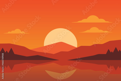 A serene sunset landscape with mountains reflected in a calm lake, creating a peaceful and scenic view with an orange sky and silhouettes