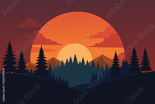 A captivating sunset landscape featuring a vibrant sky, majestic mountains, and a dense forest, creating a serene and picturesque outdoor scene for travel