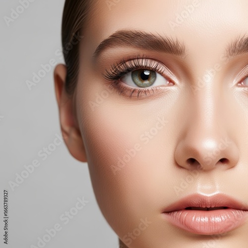 Close-up of young caucasian female with smooth skin and striking eyes