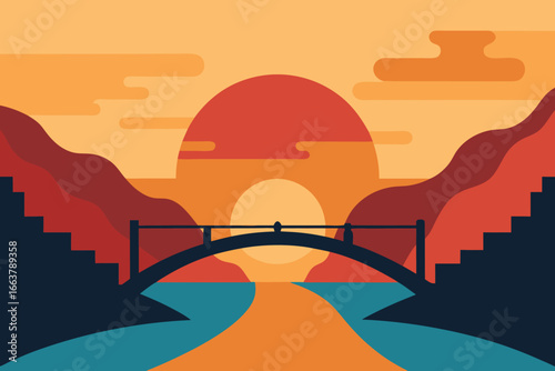 A picturesque sunset over a bridge spanning a tranquil river, with mountains in the background, creating a serene and idyllic landscape scene