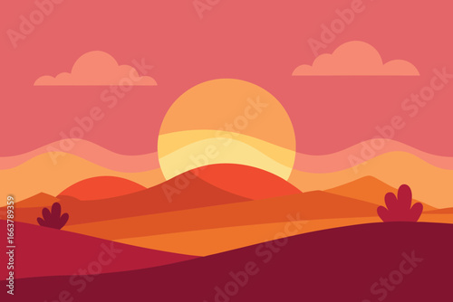 A serene sunset over a mountain landscape, with soft clouds in the sky, creating a beautiful and peaceful scene for travel and tourism