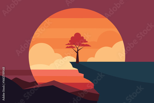 A solitary tree stands silhouetted against a vibrant sunset on a cliff, creating a peaceful and scenic landscape with warm and inviting colors