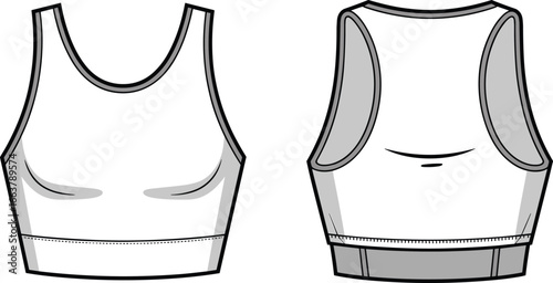Sporty cropped tank top with wide straps, comfortable elastic hem, breathable workout wear, fitness apparel, gym clothing, vector CAD drawing