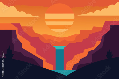A stunning canyon landscape with a cascading waterfall under a vibrant sunset, creating a breathtaking and picturesque scene of natural beauty
