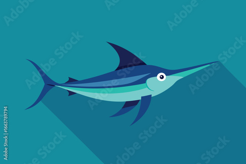A sleek swordfish with a long shadow, isolated on a turquoise background, showcasing the beauty of marine wildlife in a flat style