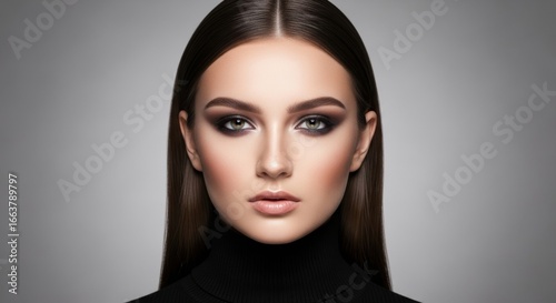 Caucasian young female with long brown hair and dark makeup in black turtleneck against grey background