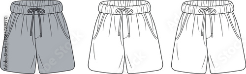 Stylish men's drawstring shorts front view, CAD technical flat sketch, casual wear fashion template, vector outline, elastic waistband design, apparel illustration mockup