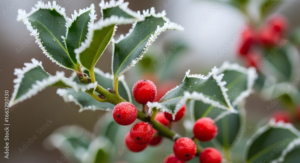 Fototapeta premium Frosty Holly Berries Branch Close Up Winter Season Festive Holiday Decoration