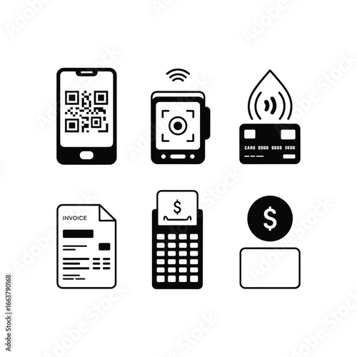 Set of icons representing modern payment methods and financial transactions