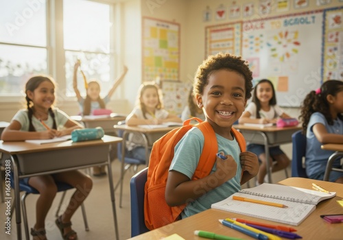 Back to school child kids at classroom diversity and young men, women together happy and smiling, backpacks, education with school bags