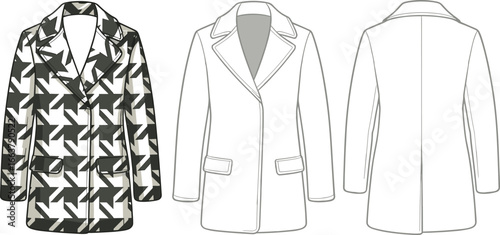 Stylish women’s long coat, cad drawing, flat fashion sketch, black and white houndstooth, vector template, front and back view