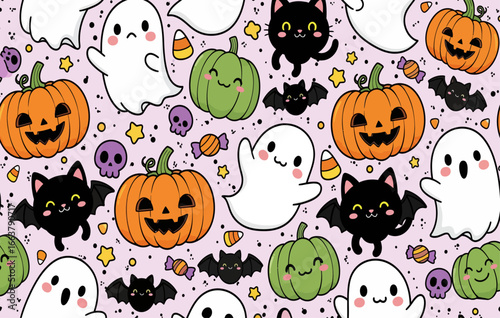 Halloween seamless pattern with ghosts, black bats, pumpkins on a purple background. best for Wrapping Paper or printing purpose.