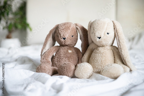 Adorable plush bunnies on a cozy bed
