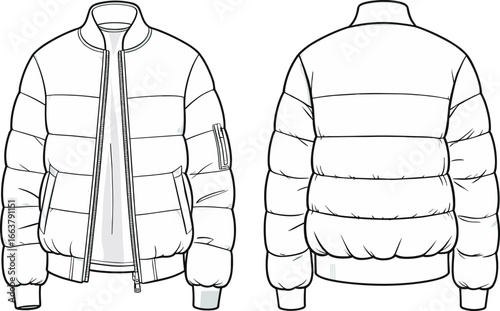 Flat vector CAD drawing of men’s padded bomber puffer jacket with ribbed hem, zipper pockets, sleeve detail, front and back view