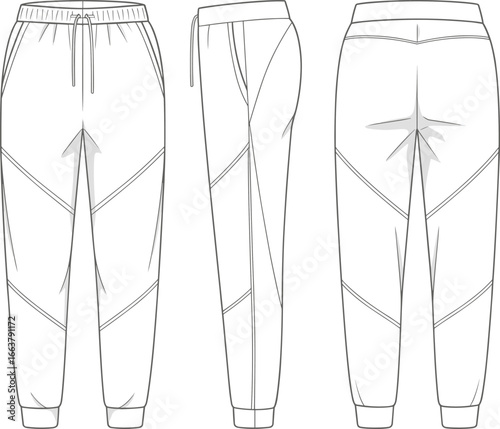 Technical jogger pants flat sketch, front side back view, vector fashion template, drawstring waist trousers, comfortable athletic bottom, cad drawing, unisex design illustration
