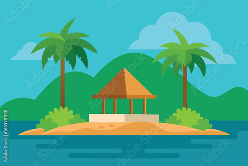 Tropical island paradise with palm trees, a hut, and turquoise water, perfect for a relaxing vacation and escape to natures beauty