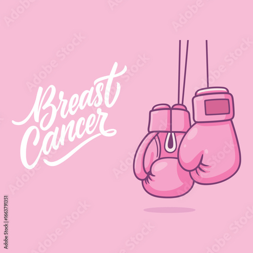 Breast cancer awareness pink boxing gloves vector cartoon illustration