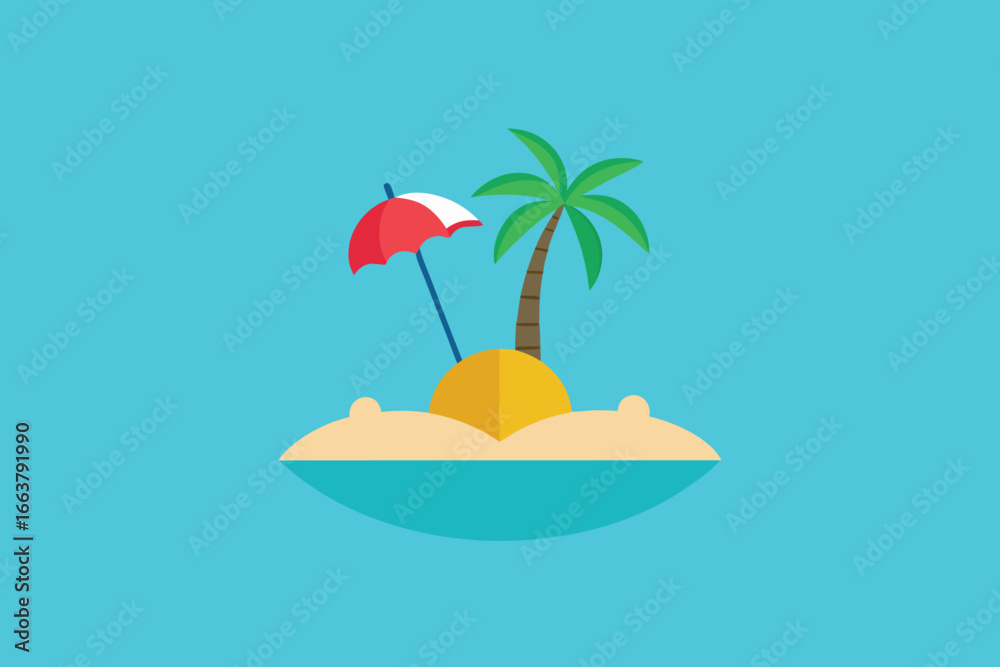 Fototapeta premium A serene tropical island with a palm tree and umbrella on a sunny day, perfect for a summer vacation getaway in a paradise destination