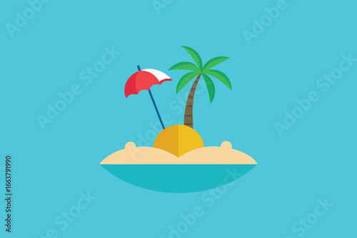 A serene tropical island with a palm tree and umbrella on a sunny day, perfect for a summer vacation getaway in a paradise destination