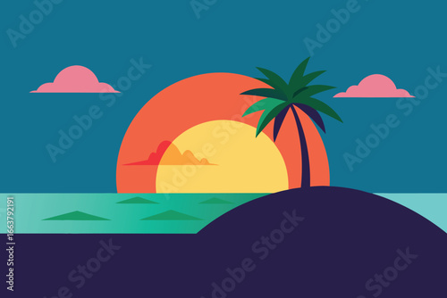 A tranquil sunset over a tropical island with palm trees, creating a serene and romantic seascape for a perfect vacation getaway