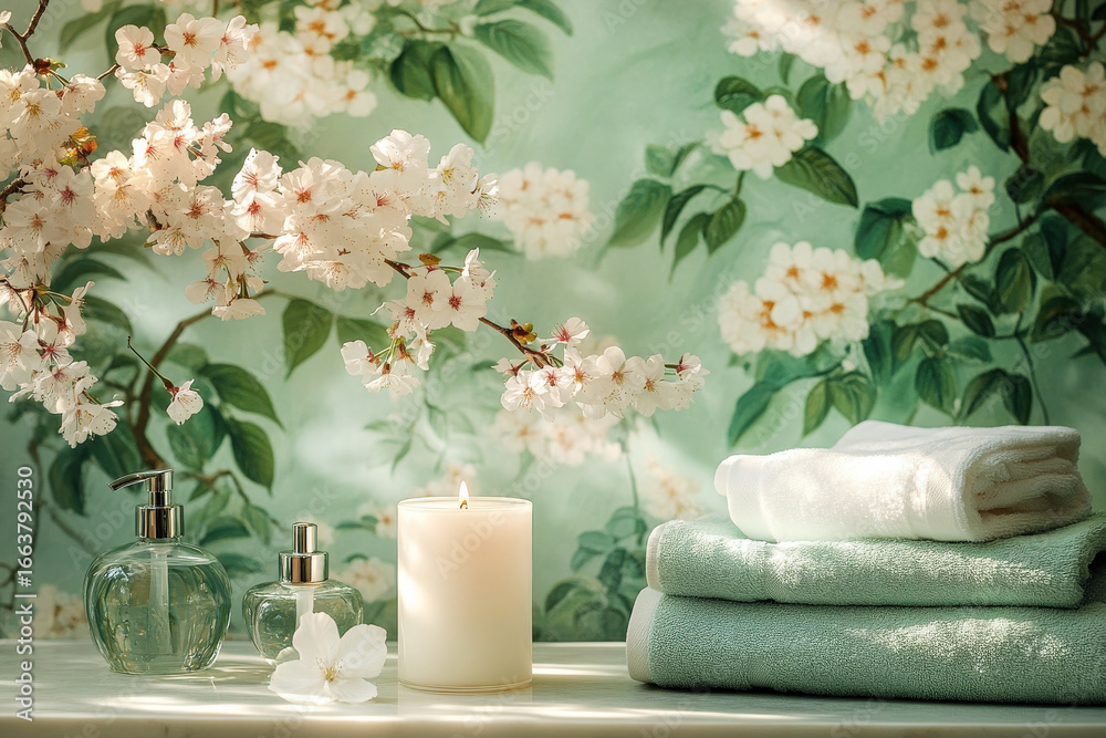 Spa composition with blooming cherry blossoms, candle and soft towels on a textured green background Spa composition with blooming cherry blossoms, candle and soft towels on a textured green background