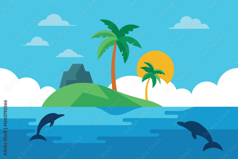 Obraz premium A vibrant tropical island scene featuring palm trees, dolphins swimming in the ocean, and fluffy clouds in the sky, perfect for vacation vibes