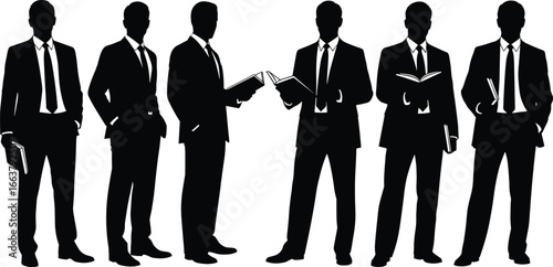 Businessmen silhouette with books, reading and standing poses, formal attire, group of men, corporate professionals, isolated black figures
