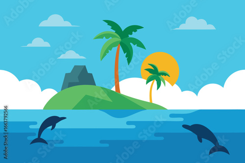 A vibrant tropical island scene featuring palm trees, dolphins swimming in the ocean, and fluffy clouds in the sky, perfect for vacation vibes