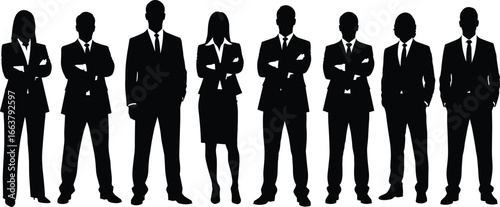 Confident business team silhouette, professional executives standing, leadership concept, teamwork illustration, office success, corporate group, unity in business