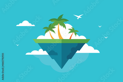 A floating island with palm trees and clouds in a serene tropical paradise, evoking a sense of escape and relaxation in a dreamy vacation setting