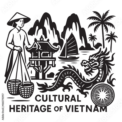 Vietnam cultural heritage. Simple vector illustration in mini art style. White background.
