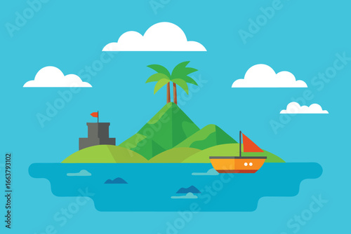A vibrant island scene featuring a boat sailing near a tropical island with palm trees, set against a bright blue sky with fluffy white clouds