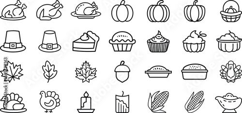 Thanksgiving Icon Set, Turkeys, Pumpkins, Festive Food Icons, Autumn icon vector set, Editable line icon collection