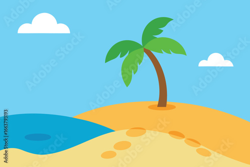 A serene tropical island scene featuring a palm tree on a sandy beach with footprints, under a clear blue sky with fluffy white clouds