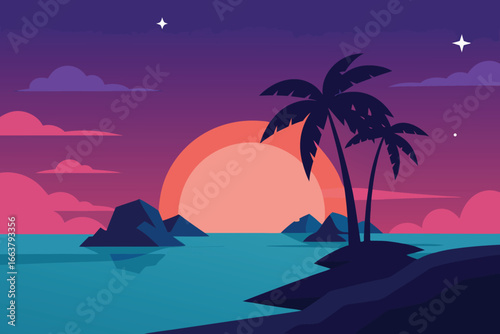 A vibrant sunset over a tranquil tropical island with palm trees, creating a serene and idyllic scene perfect for a relaxing vacation getaway
