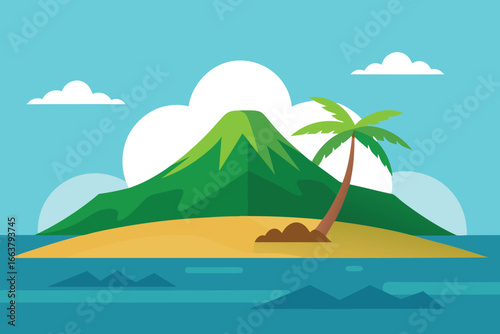 A tropical island with a mountain, palm tree, and sandy beach under a blue sky with clouds, perfect for a vacation or summer getaway