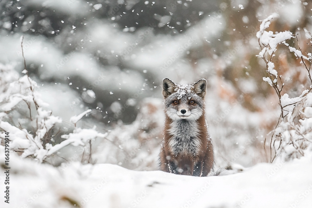 Obraz premium Captivating winter scene featuring a red fox gazing directly at the camera amid snowfall