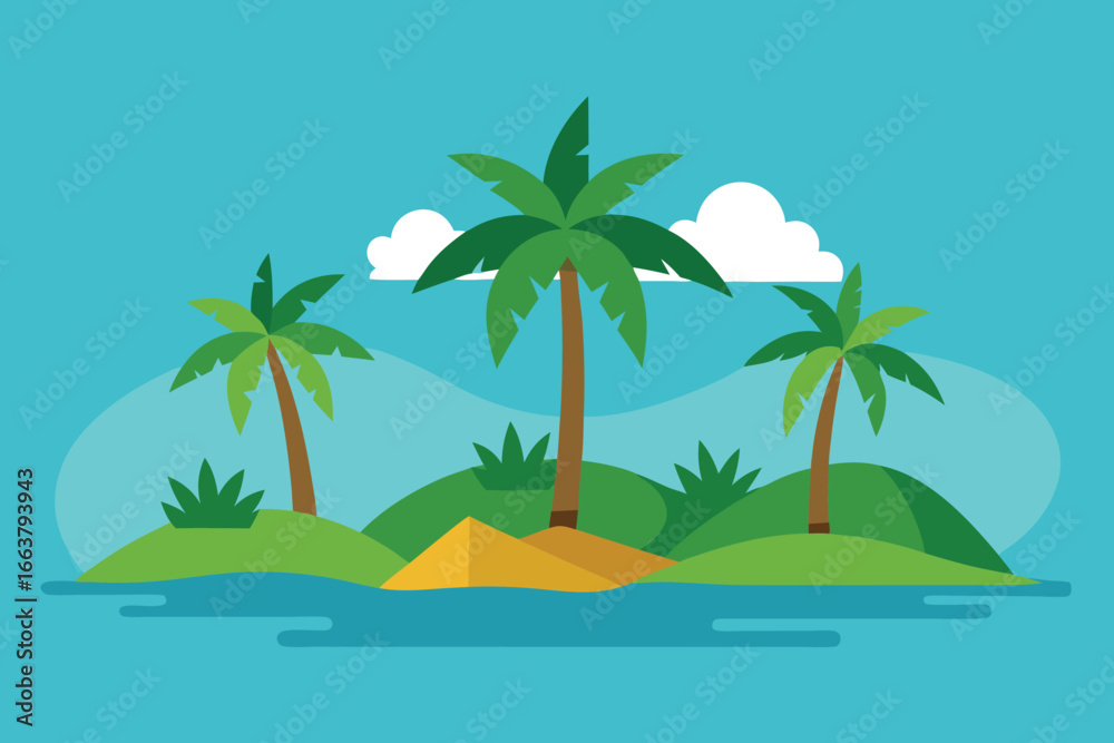 Obraz premium A tropical island scene with palm trees, clear blue waters, and a serene atmosphere, perfect for a relaxing vacation or exotic getaway