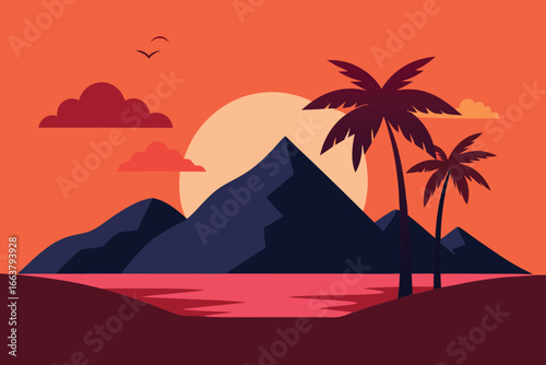 A tropical island with palm trees and mountains at sunset, creating a warm and inviting scene for vacation and travel themes