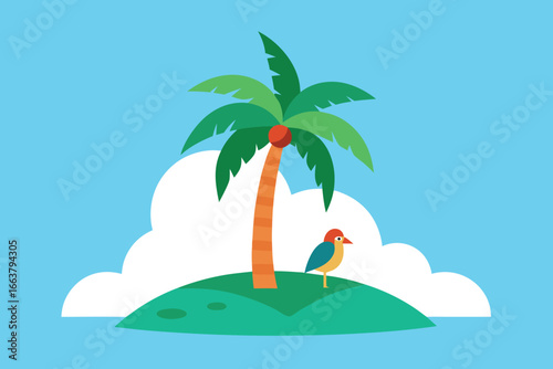 A serene tropical island with a palm tree and a perched bird against a cloudy sky, evoking a sense of vacation, travel, and relaxation