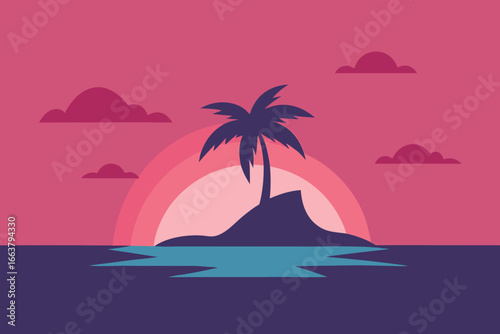 A serene tropical island with a silhouetted palm tree against a vibrant sunset, evoking a sense of tranquility and escape on the horizon