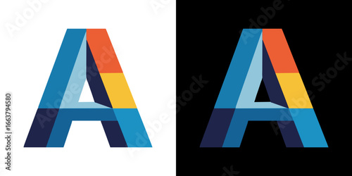Isolated vector image of letter A consisting of bright geometric shapes, isolated vector image, two design options on transparent and black backgrounds