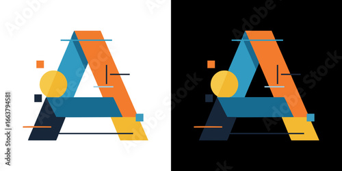 Geometric letter A design, isolated vector image, two design options on transparent and black backgrounds  
