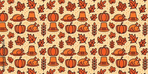 Thanksgiving Seamless Pattern Vector, Autumn and Thanksgiving seamless patterns set, Thanksgiving elements vector, Turkeys and Pumpkins vector illustration 
