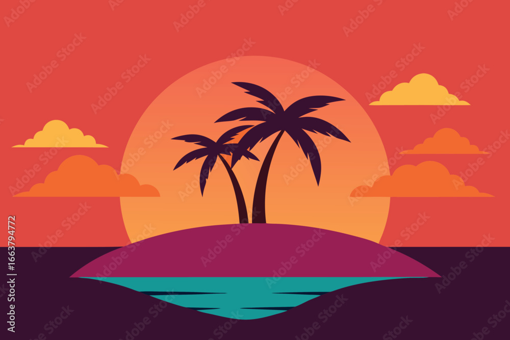 Obraz premium A vibrant tropical island at sunset with palm trees silhouetted against the colorful sky, evoking a sense of tranquility and escape