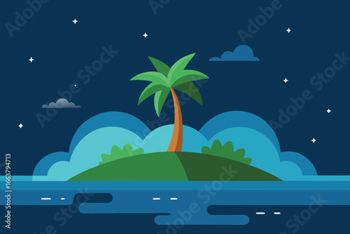 A serene tropical island at night with a palm tree under a starry sky, creating a peaceful and magical atmosphere