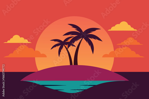 A vibrant tropical island at sunset with palm trees silhouetted against the colorful sky, evoking a sense of tranquility and escape